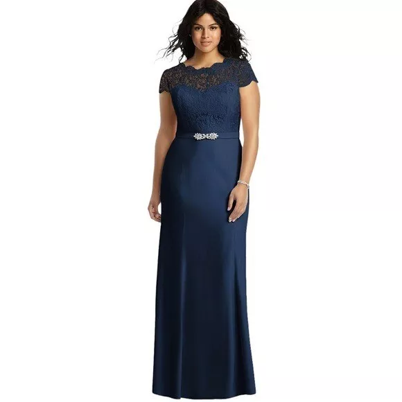 NWT Jenny Packham Crepe Lace Bodice Jewel Belt Formal Gown Navy 16 Retail $290