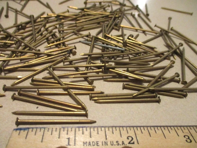 100-Vintage 1 3/8" Long X 1/16" Solid Brass Flat Head Escutcheon Pins, Box Nails