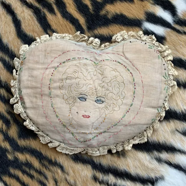 Antique Victorian Hand Embroidered Handmade Lady Face Heart Lace Boudoir Pillow