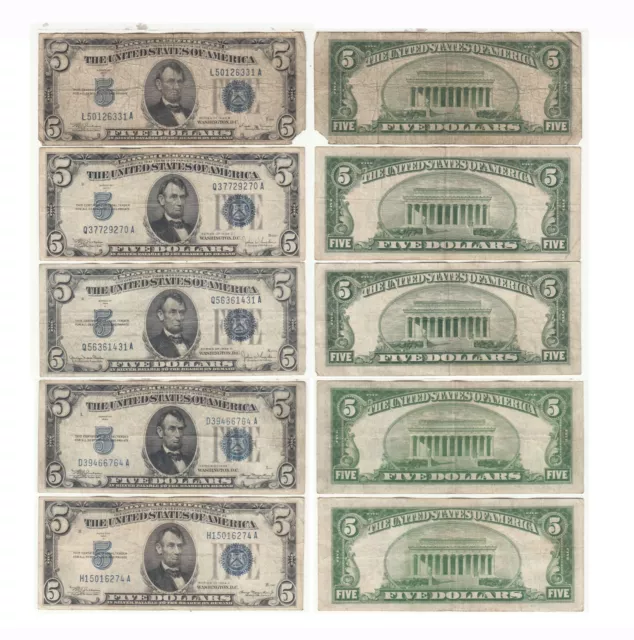 1934 & A-D $5 Silver Certificate 5 Note Series Set Fr 1650-54 Circulated