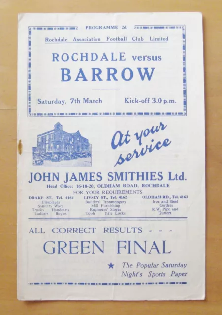 ROCHDALE v BARROW 1952/1953 *Good Condition Football Programme*