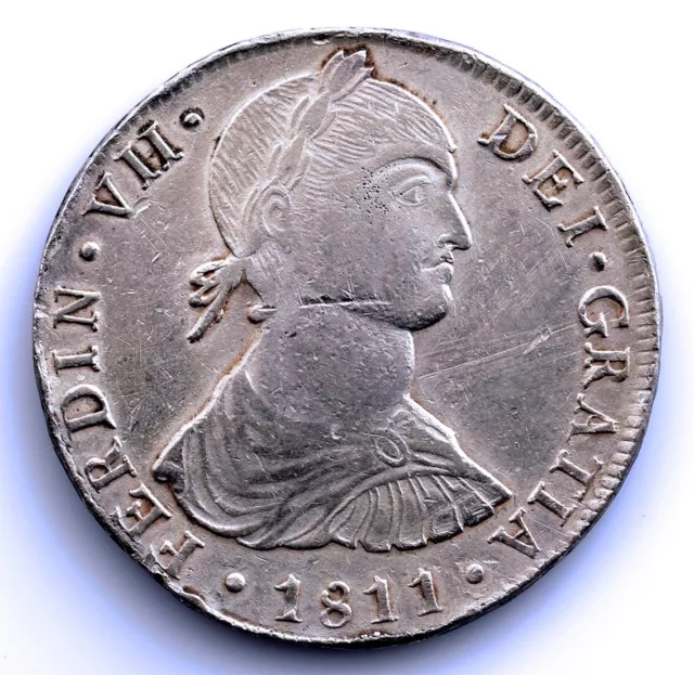 Spain-Fernando VII. 8 Reales "busto Indígena" 1811 Lima.  Plata 26,6 g. ESCASA