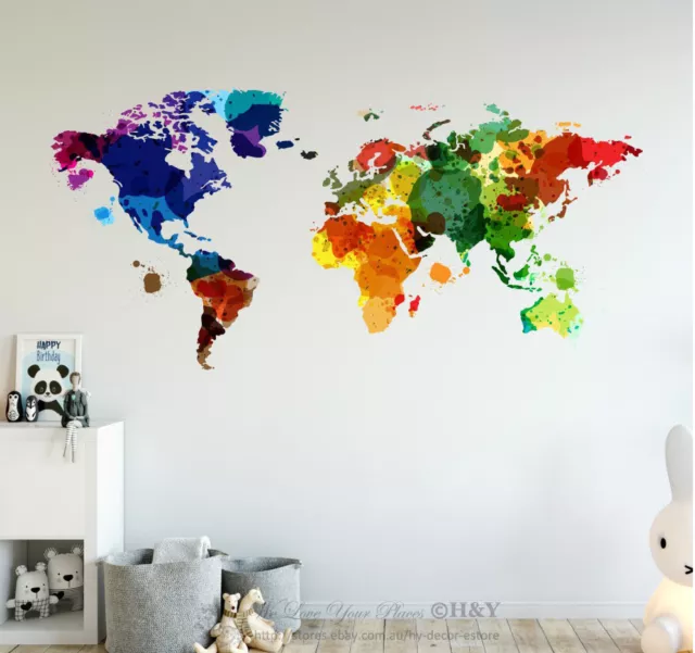 Watercolour World Map Wall Sticker Nursery Decals Kids Home Decor Art Mural Gift