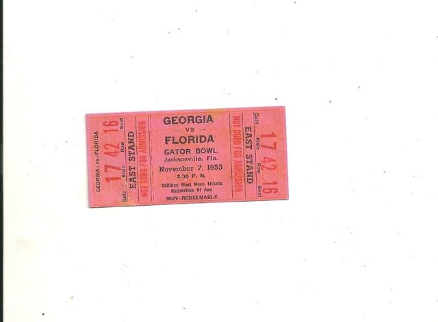 Vintage Original 1953 Florida Gators vs Georgia Bulldogs Football Full Ticket