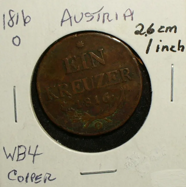 Austria 1816 O Ein Kreuzer Copper Coin