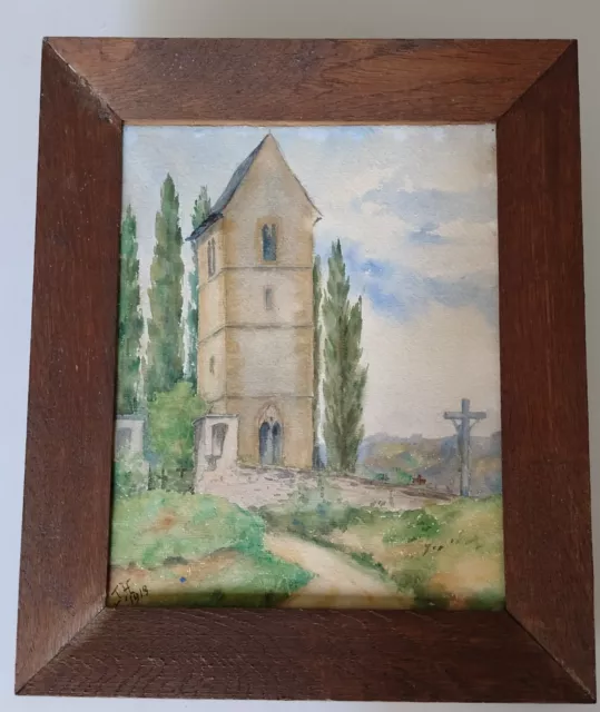 ANTIQUE 1919 WATERCOLOR Painting - Landscape with Old Church in Alsace ...
