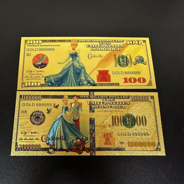 24k Gold Foil Plated Cinderella Disney Princess ￼Banknote Collectible
