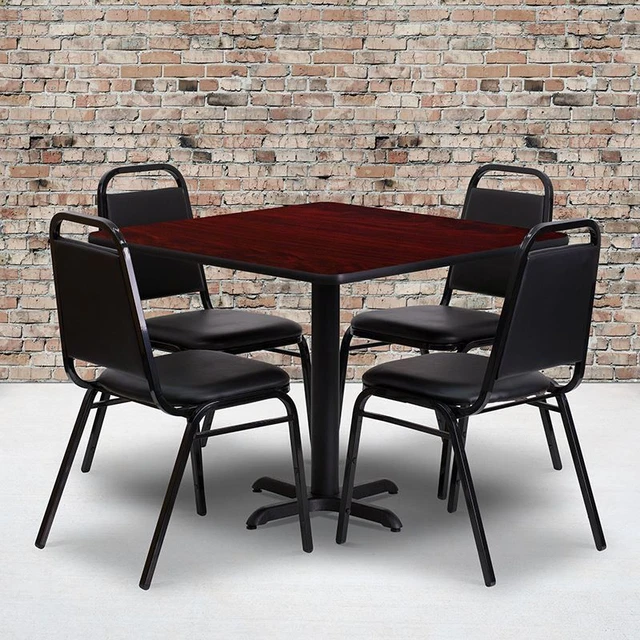 36'' Square Mahogany Laminate Table Set w/X-Base & 4 Black Trapezoidal Back Banq