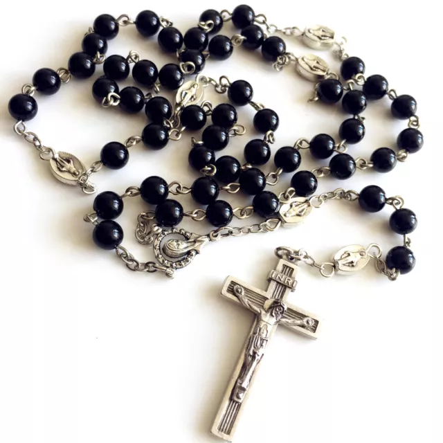 * Black Natural Agate BEADS Ave Maria ROSARY & CROSS NECKLACE CRUCIFIX CATHOLIC