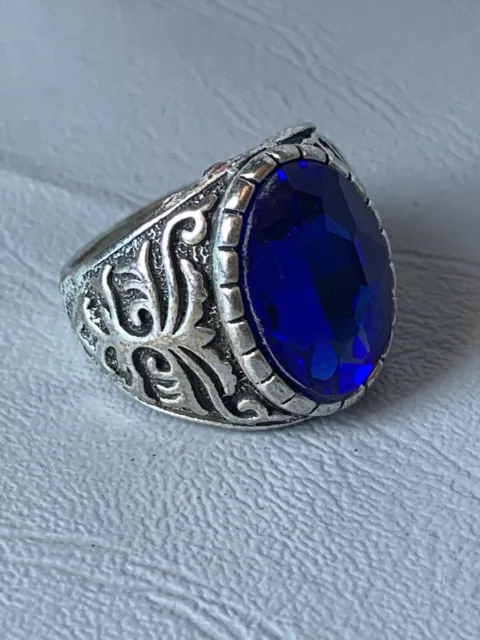 Post Medieval Islamic Silver Engraved Ottomans Seal Ring With Blue Stone