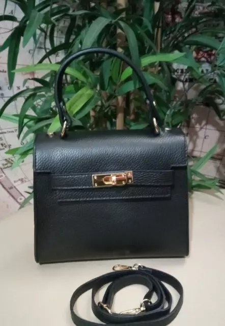 Mini borsa bag chic tipo Kelly vera pelle nera donna mano tracolla Made Italy