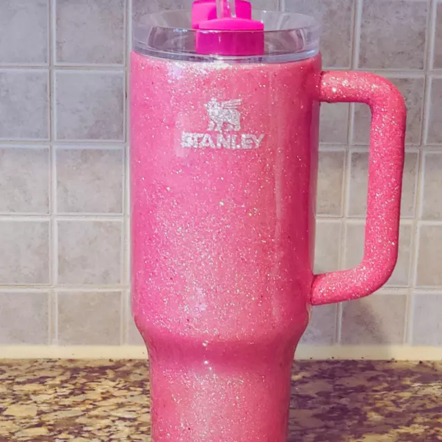 Barbie Pink Glittered Stanley Tumbler. This is an AUTHENTIC STANLEY CUP