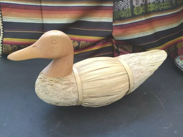 Vintage Duck Decoy Cork Straw Corn Husk Reed Wood Folk Art Hand made 14" long
