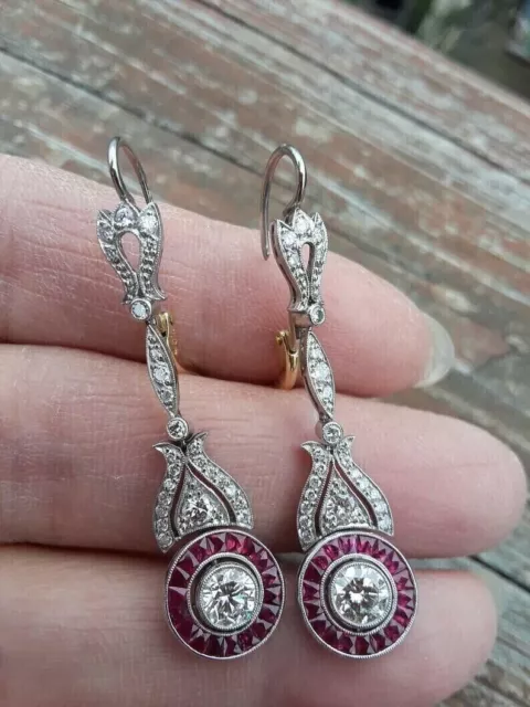 Vintage Art Deco Style Lab Created Diamond & Ruby Drop-Dangle Earring 925 Silver