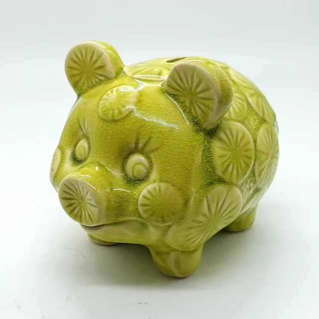 Vintage Ceramic Lime Green Piggy Coin Bank Figurine Lime Slices Pattern Preowned