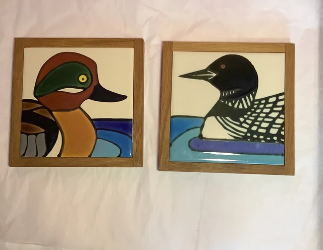 Pair Mallard Duck Ceramic Textured Hand Painted Tile Art Kitchen FREE SHIPPING