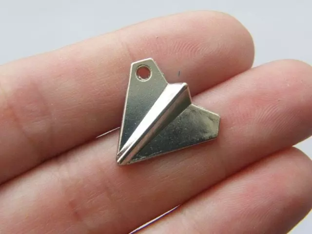 4 Paper origami aeroplane charms antique silver tone P301