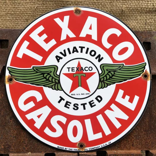 Vintage 1949 Dated Texaco Aviation Tested Gasoline Wings Porcelain Sign Gas Oil