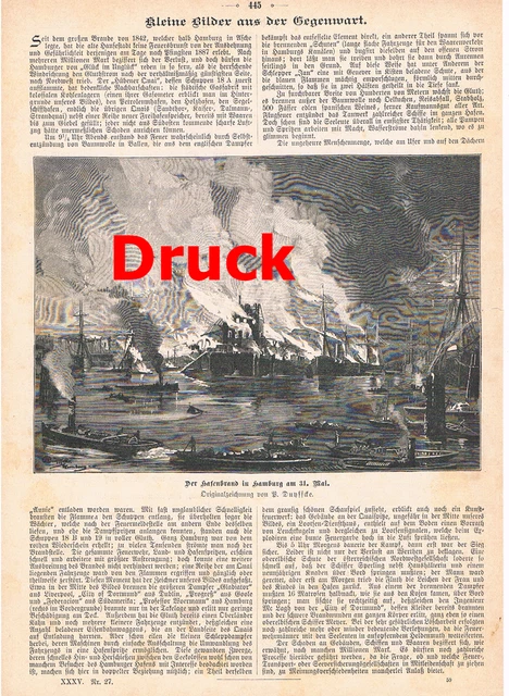 d101 1873 Hamburg Hafenbrand Schiffe Druck 1887 !!