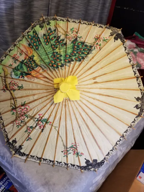 Chinese Paper Umbrella Parasol Decor Handmade Teak Leaf  Bamboo Asian Art