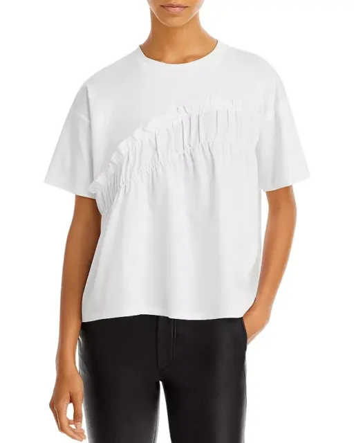 Jason Wu Asymmetric Ruffle Trim Tee Womens M White Crewneck Ribbed Trim Pullover