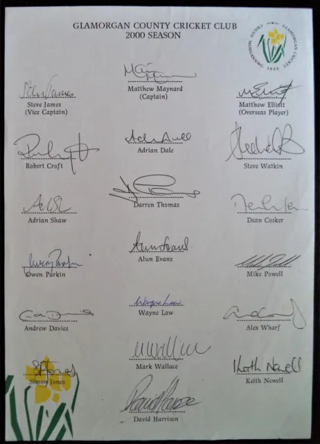 Glamorgan County Cricket Club 2000 Ink Signed Official Autograph Team Sheet