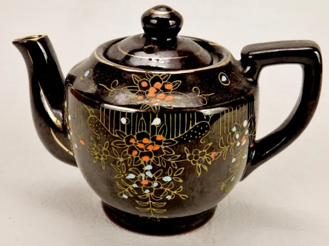 Black Porcelain Teapot, Hand Painted Floral, Gold Trim, Made In Japan, Vintage
