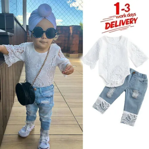 Infant Toddler Baby Girl Summer Clothes Set Romper Bodysuit Denim Pants Outfits