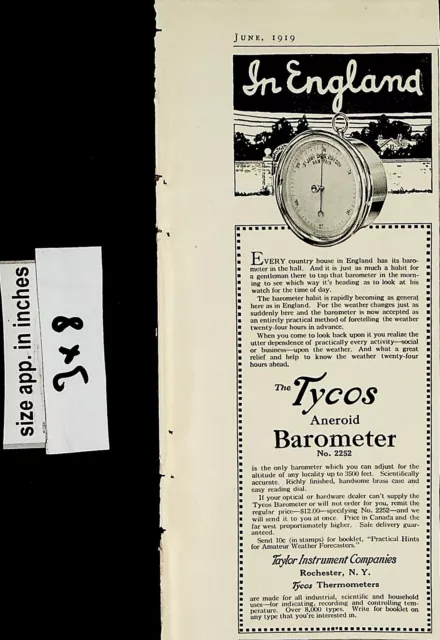 1919 Tycos Aneroid Barometer No 2252 Taylor Instrument Co Vintage Print Ad 6085
