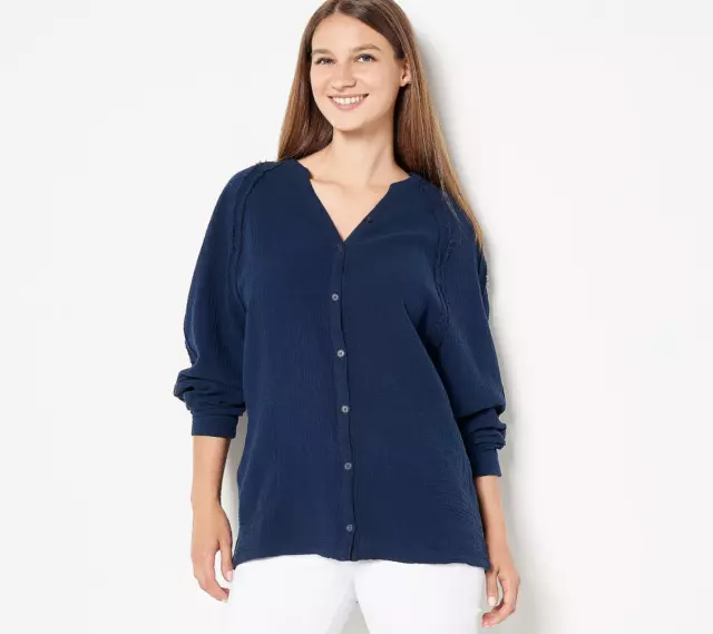 New AnyBody sz 1X Gauze Raglan Tunic with Button Front Navy QVC 5824