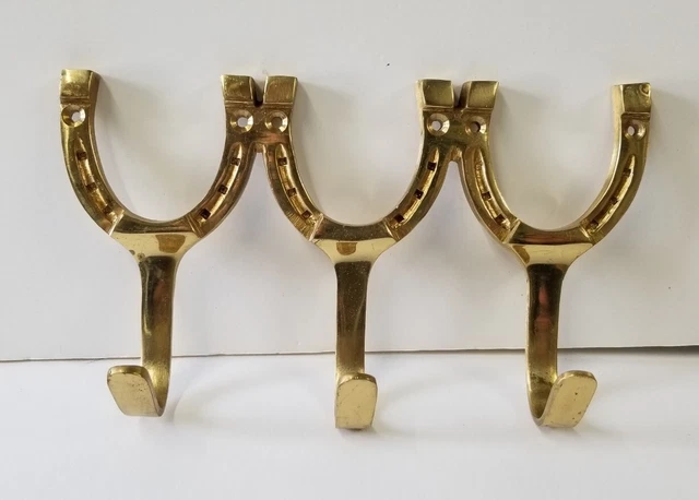Vintage Solid Brass Horses Horseshoe Wall Hanger 3 Hooks with mounting screws
