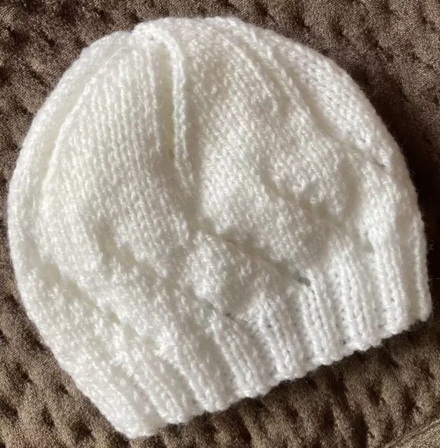 Newborn Baby Beanie/Hat. Extra Soft White. Hand-Knitted By Me. Cute Pattern 2