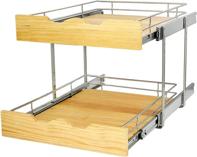 2 Tier Pull Out Cabinet Organizer (20" W X 21" D) Slide Out Wood Shelf Double Ti