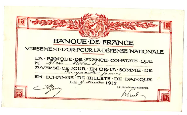 BANQUE DE FRANCE VERSEMENT D'OR  50 FRANCS 1915 1916  Pour la defense NATIONALE