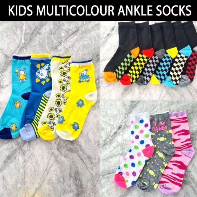 Kids Socks Boys Girls 3 Pairs Cotton Multicoloured Design Ankle Sock All Sizes