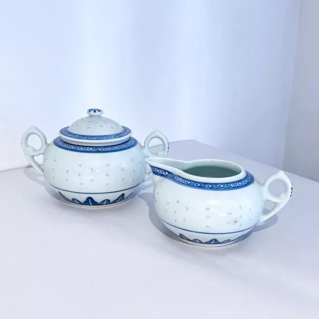 Vintage Chinese Blue & White Rice Pattern Porcelain Sugar Bowl & Cream Milk Jug