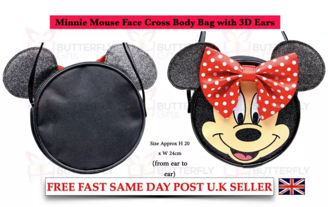 Girls Minnie Mouse Body Bag Face Bag with 3D Ears Bow Cross Body Handbag Black