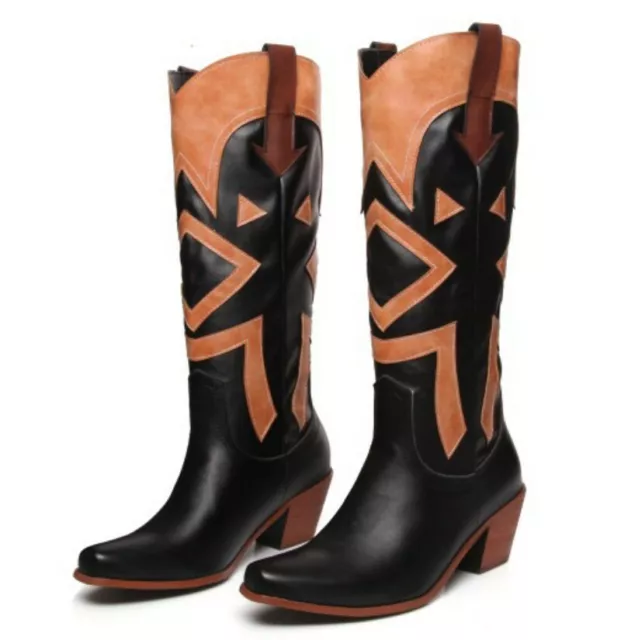 Womens Biker Cowgirl Cowboy Boots Ladies Block Heel Mid Wide Calf Western Shoes