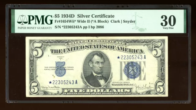 DBR 1934-D $5 Silver STAR Scarce Fr. 1654Wii* Wide II PMG 30 Serial *22305243A