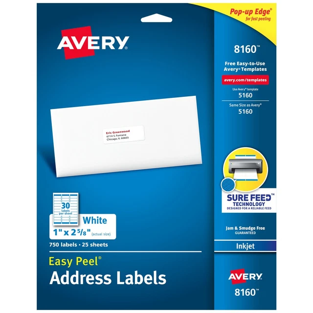 Avery 8160 Address Labels with Sure Feed for Inkjet Printers, 1x2-5/8 inch - 750