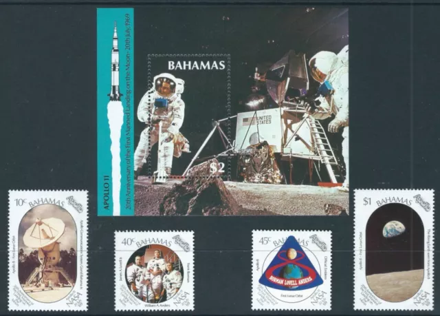 BAHAMAS 1989 SG855-MS9 set of 4 stamps +MS 20th Ann moon landing u/m. Cat £13