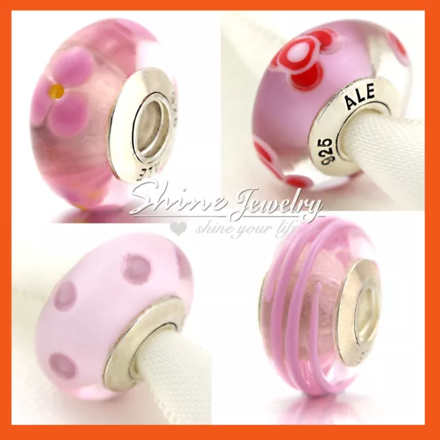 925 SILVER PINK MURANO GLASS EUROPEAN BEADS SPACER CHARMS for BRACELET NECKLACE