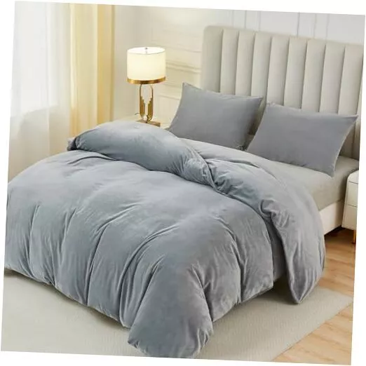 Velvet Duvet Cover Size, 3Pcs Luxury Flannel Duvet Cover Set with 2 Queen Gray