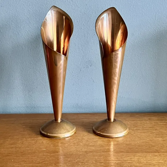 Pair Of Vintage Copper Arts And Crafts Lily Stem Vases Handmade Ireland