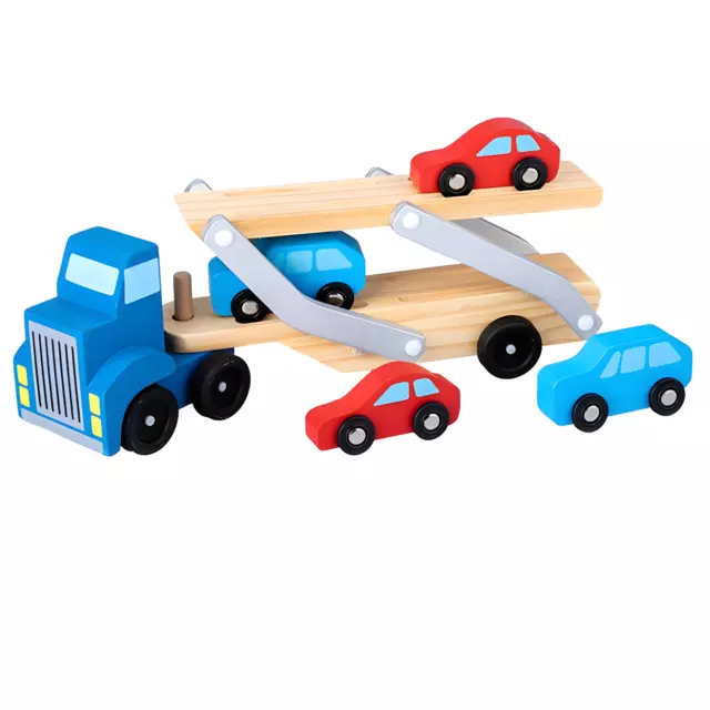 RLS Wooden toy car transporter and 4 vehicle cars boys and girls