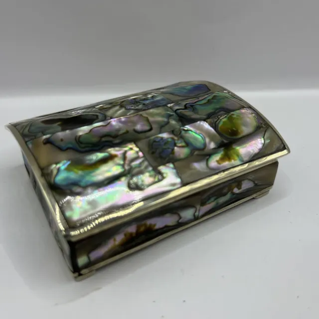 Alpaca Mexico Abalone Mother of Pearl Shell Trinket Pill Box Hinged Vtg