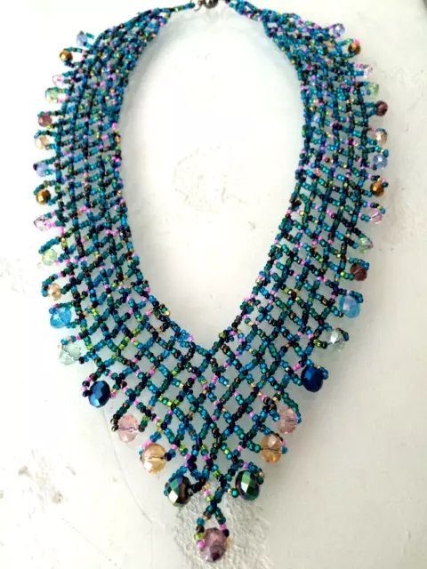 Artisan Czech Glass 20" Cascade Bib "V" Necklace  BLUE Multi-Color Pastels