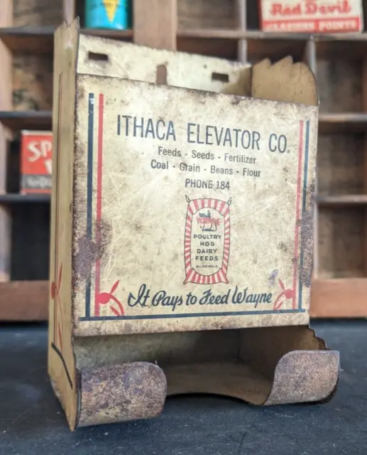 Antique Tin Match Safe ITHACA ELEVATOR CO ~ Wayne Feeds Ad ~ Michigan