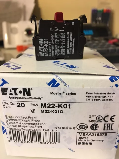 10PCS Eaton Moeller M22-K01 M22K01 ,Nc, Contacts -New
