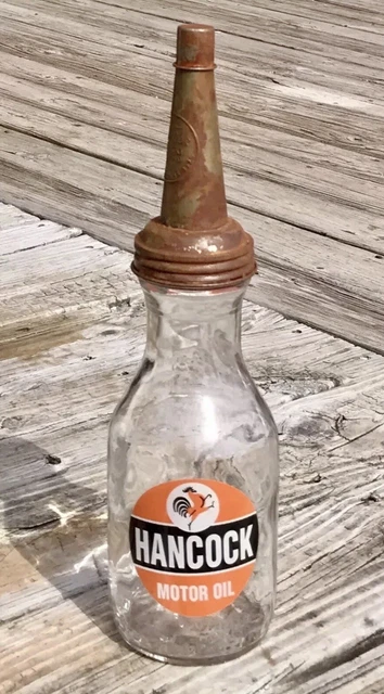 HANCOCK 1 Qt. Glass Motor Oil Bottle w/ Tin Master Mfg. Co. Spout & Cap